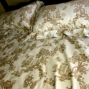 Custom made 109&quot; X 96&quot;  made with Scalamandre Mei Ling Chinoiserie ORIENTAL LAMPAS fabric Queen Bedspread and Two Pillows cases