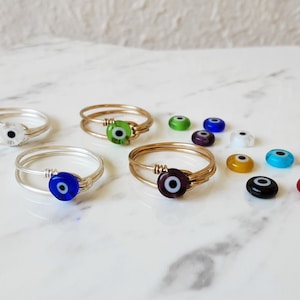 Small Evil eye Loop wire ring , Blue Yellow Red Green Purple Black Clear , Simple Bohemian Boho Hippie evil eye ring Minimal evil eye ring