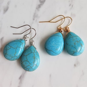 Simple Teardrop Turquoise wire earrings , Synthesis Turquoise stone , Handmade Minimal Bohemian Boho Hippie dangling water drop earrings