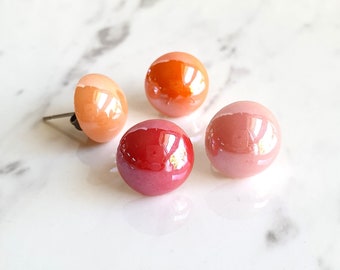 Simple Pearlized coating half round dome glass stud earrings , Red Pink Orange , Can use for both casual formal styles