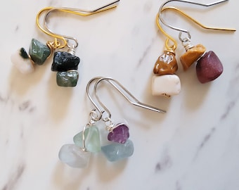 Simple Minimalist gemstone chip drop earrings , Agate Fluorite Mookaite , Purple White Blue Green Brown Yellow natural gem dangle earrings