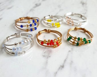 3 layered Frosted & Gold / Silver seed bead anxiety wire ring , Red Blue Green Yellow Pink , Minimal Midi Stack Stacking Stackable ring