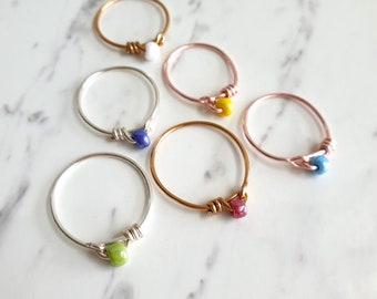 Simple single Lustered Opaque seed bead knot lock wire ring , Blue Yellow Red Green White Orange Pink Brown , Gold Silver Rose gold