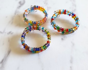 Dainty Layered colourful Rainbow seed beads memory wire ring , Clear , Size Adjustable : Small = US6 ~ US8, Big = US8 1/2~ US10 1/2