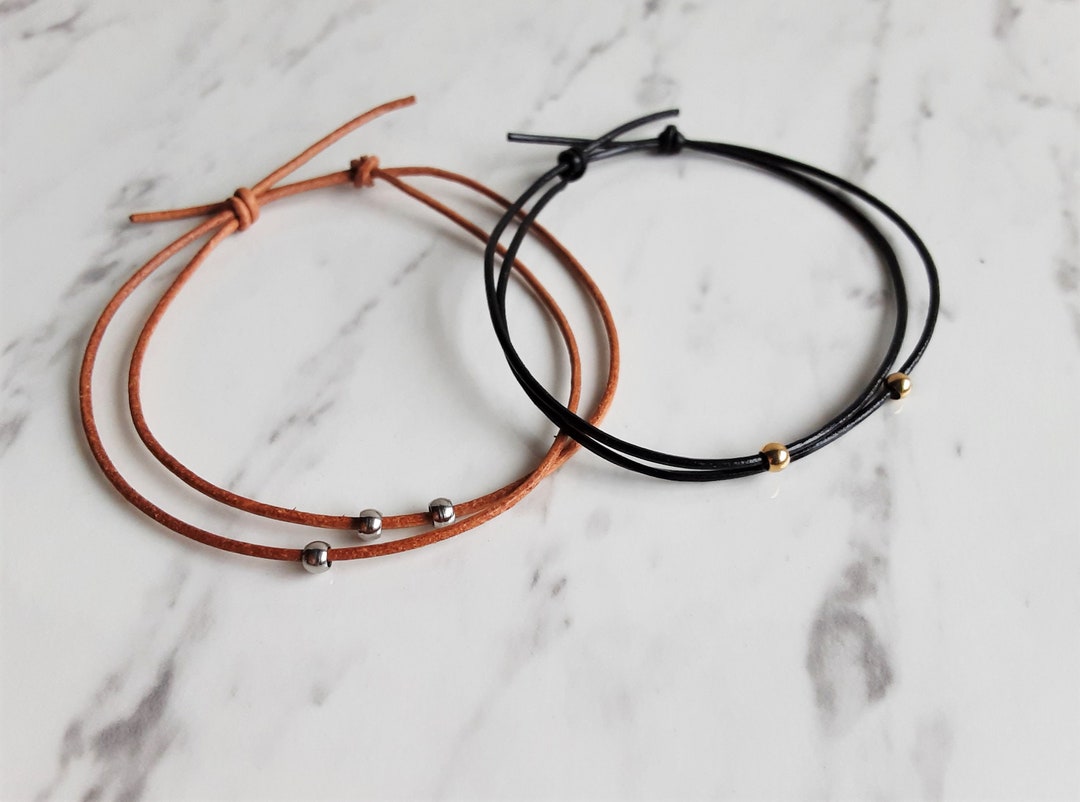 Minimalist Small Metal Ball Bead Leather Cord Anxiety Bracelet , Black