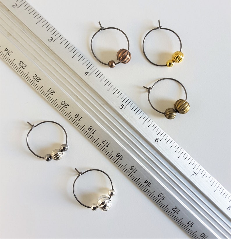 Small Corrugated Beads hoop earrings Gold Silver Bronze Brown Art deco hoops Cool Antique style hoops Layered earrings Statement earrings