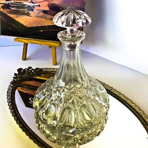 Vintage Glass Ships Wine Decanter | Heavy Cut Glass Decanter with Rounded Cuts Around Base and Panel Cuts Around Neck