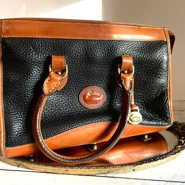 Vintage Dooney & Bourke 1990s Handbag | Pebbled Black Leather and British Tan Trimming | Classic Handbag