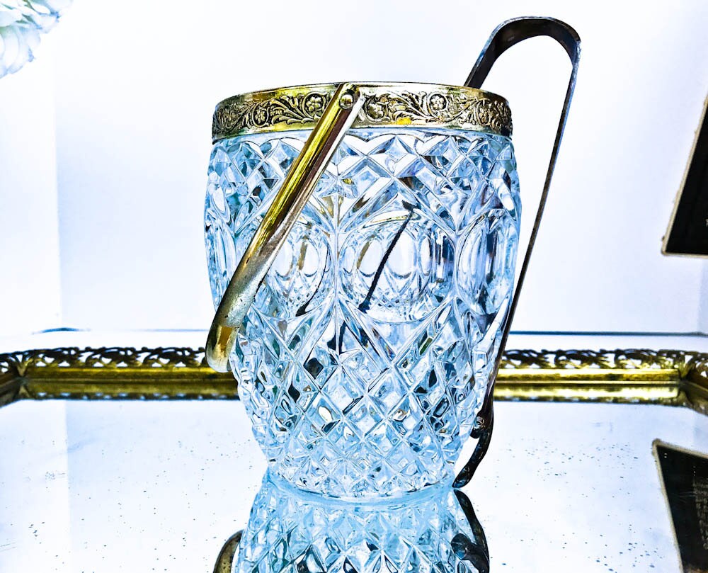 Petite Vintage Crystal Ice Bucket With Gold Metal Rim Embossed Etsy