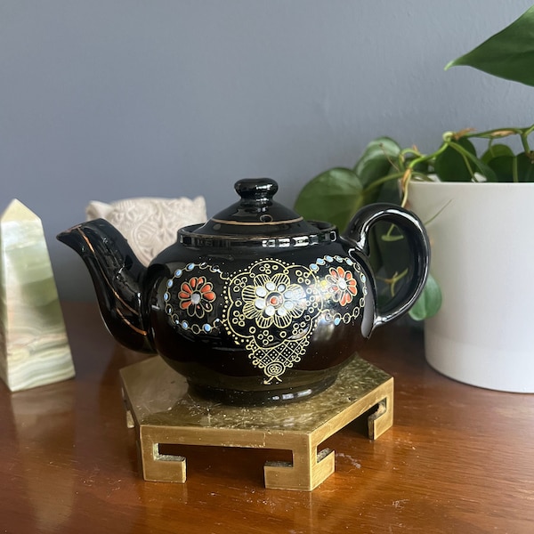 Vintage Japan Moriage Brown Betty Hand Painted Teapot, small one cup tea pot, painted flowers, gold trim