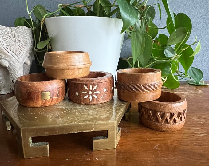 Set of Vintage Wood Napkin Rings, 5 Distinct Wooden Napkin Rings, Inlaid and Carved Wood Etsy