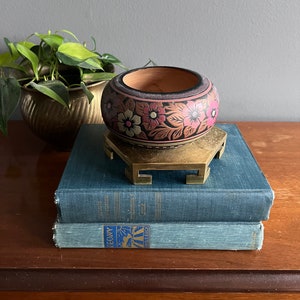 Vintage Handpainted Wood Bowl with Green, Pink and Purple Flowers