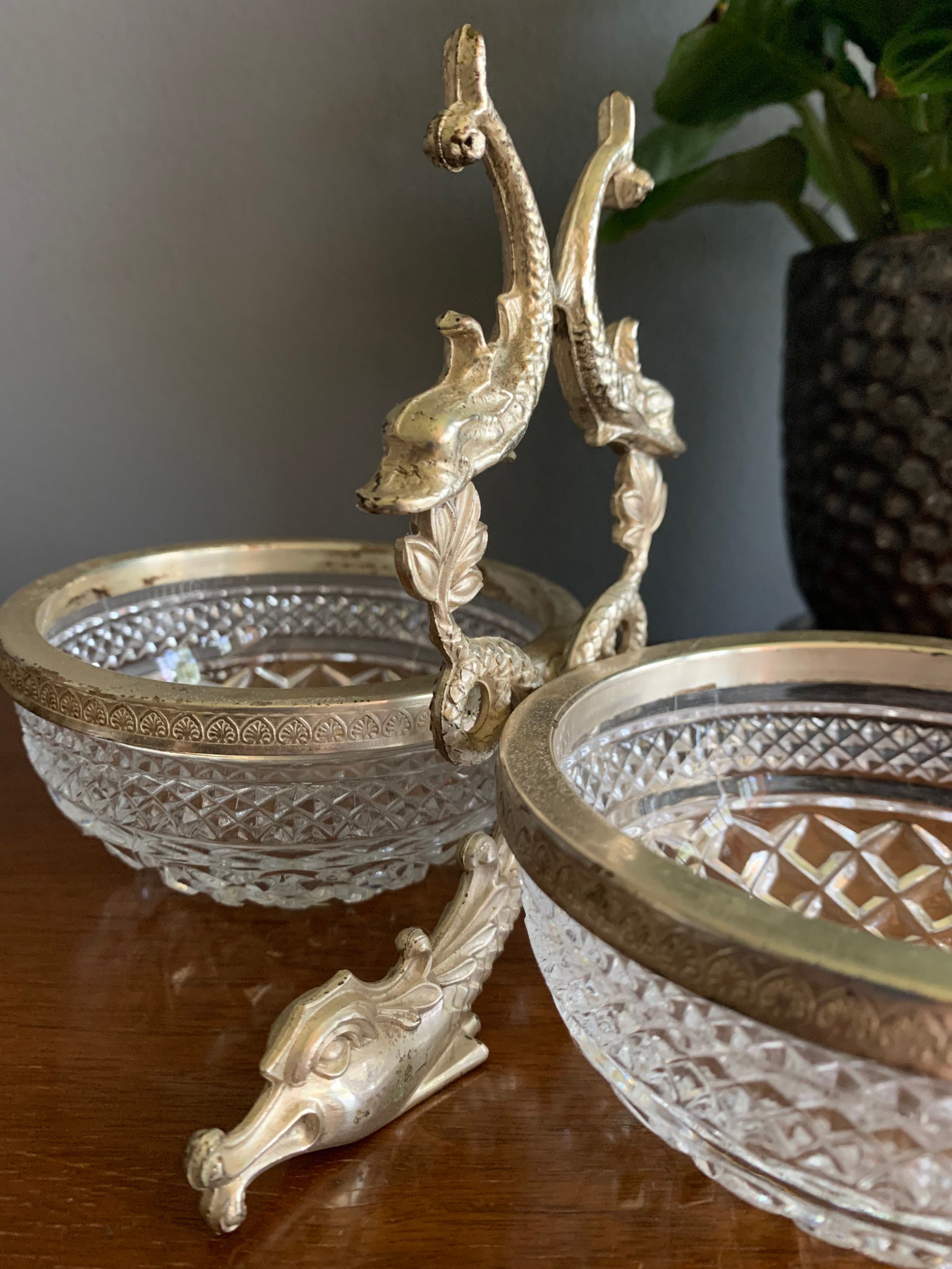 Vintage cut glass double bowl serving piece with silver fish Etsy