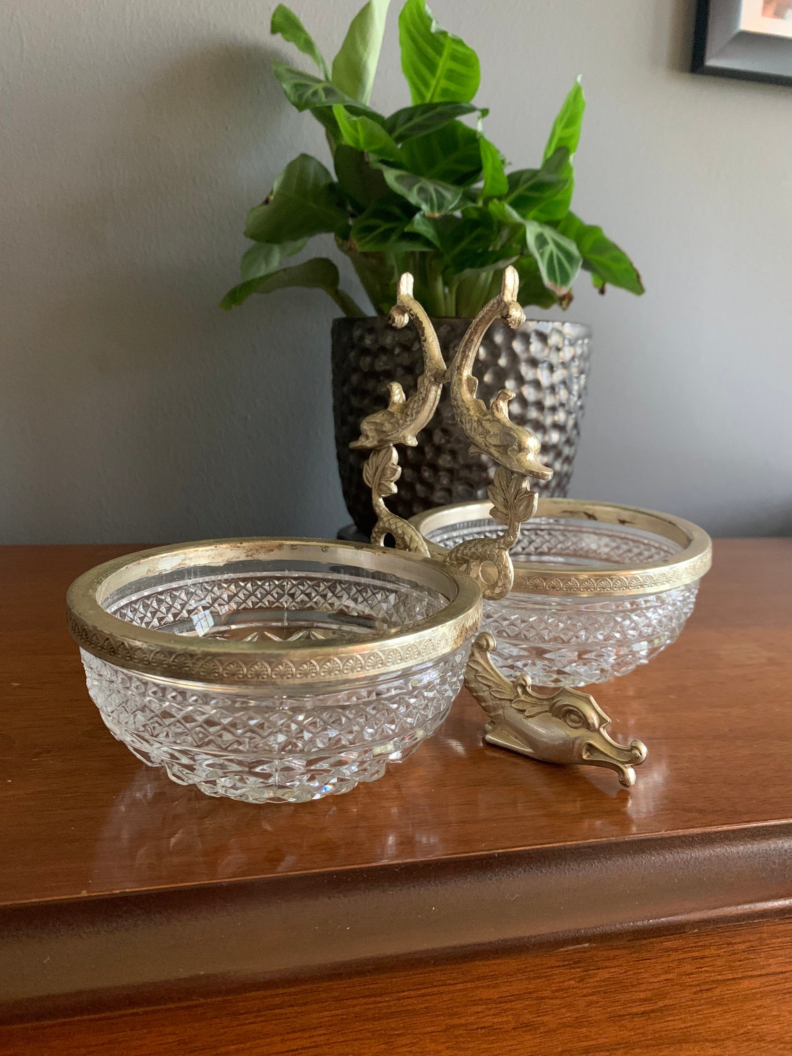 Vintage Cut Glass Double Bowl Serving Piece With Silver Fish Handle