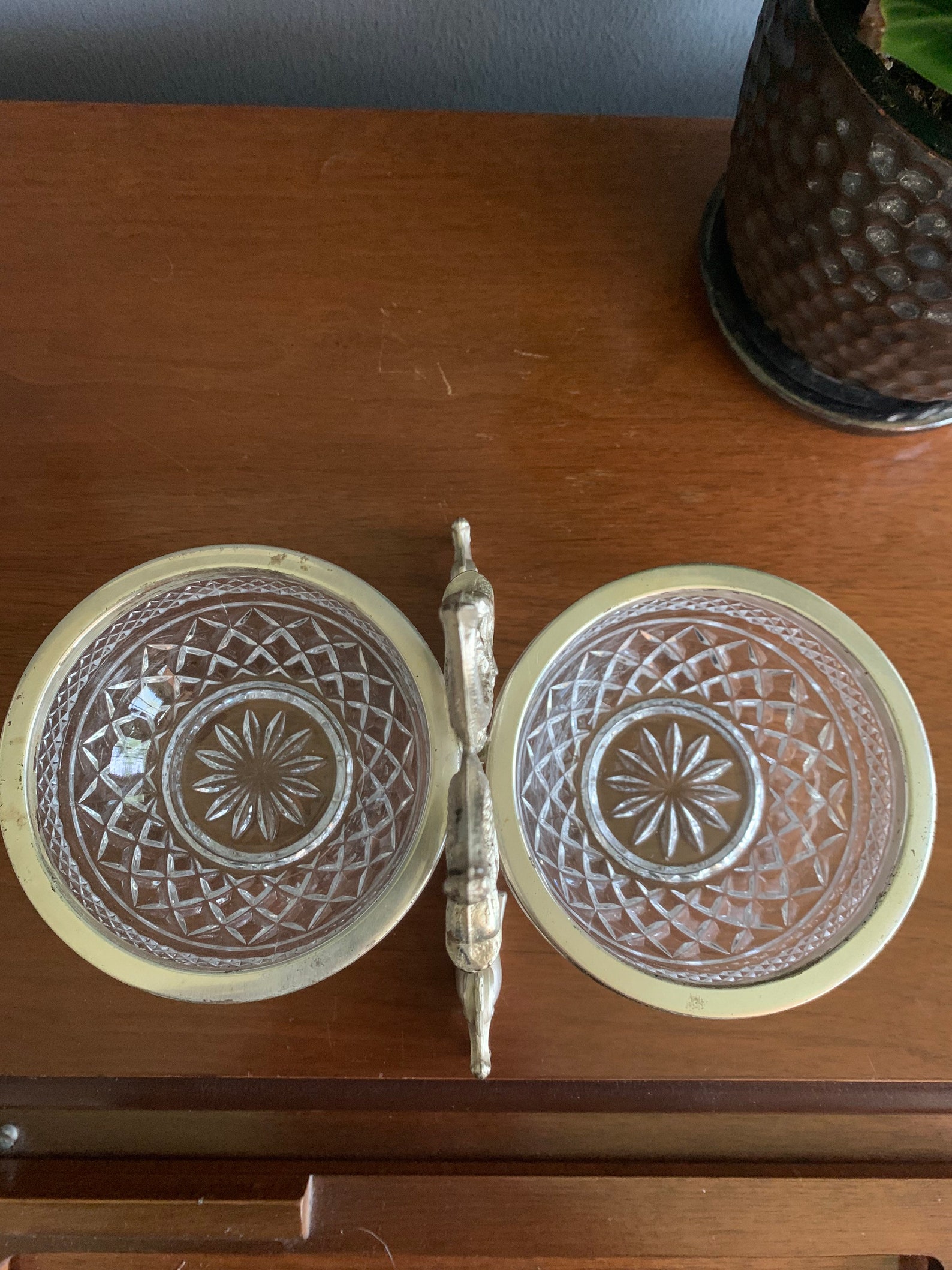 Vintage cut glass double bowl serving piece with silver fish Etsy