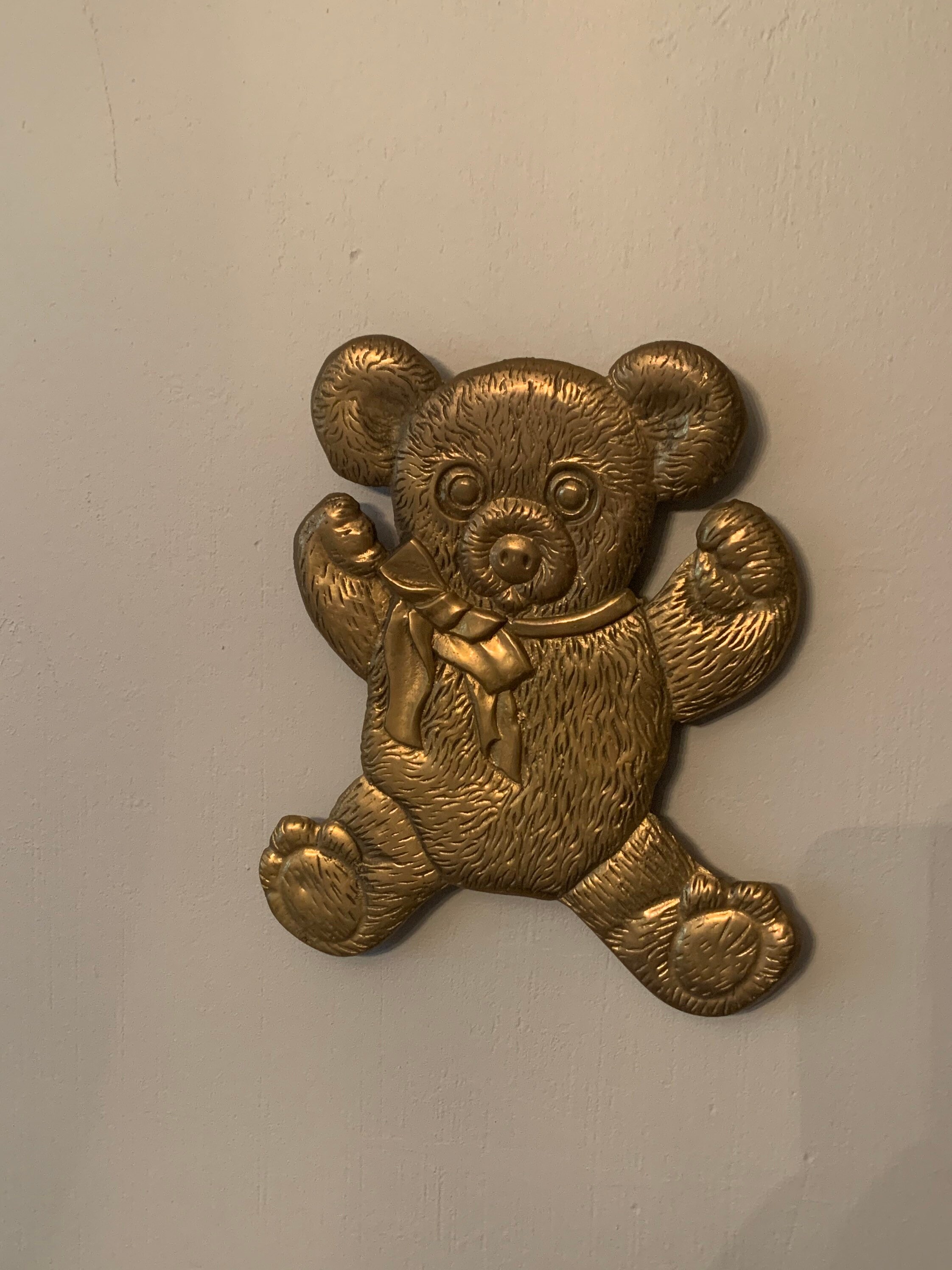 Vintage brass teddy bear wall hanging trivet, brass animal, bear with a