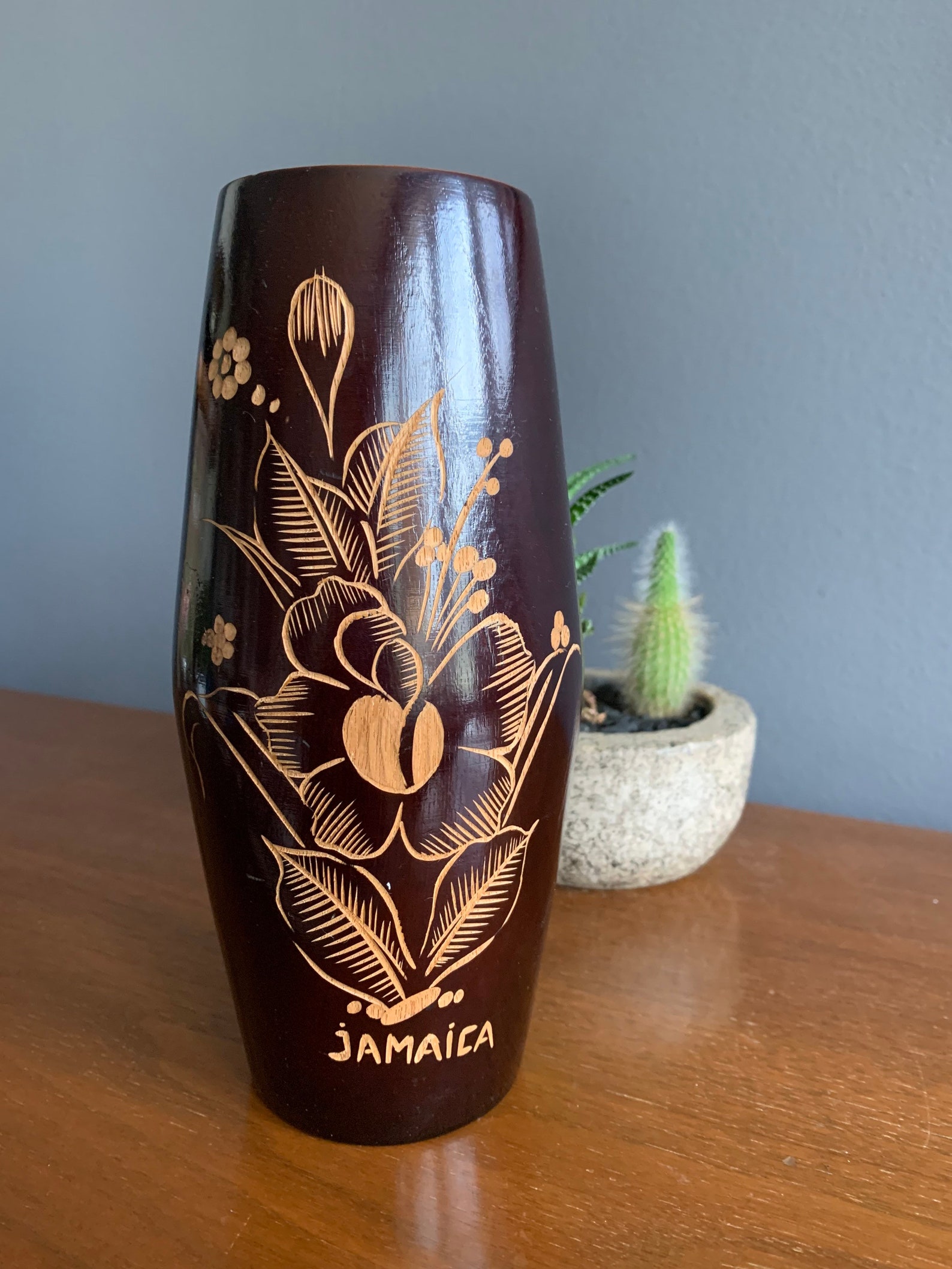 Vintage handmade carved wood vase from Jamaica wooden vase Etsy