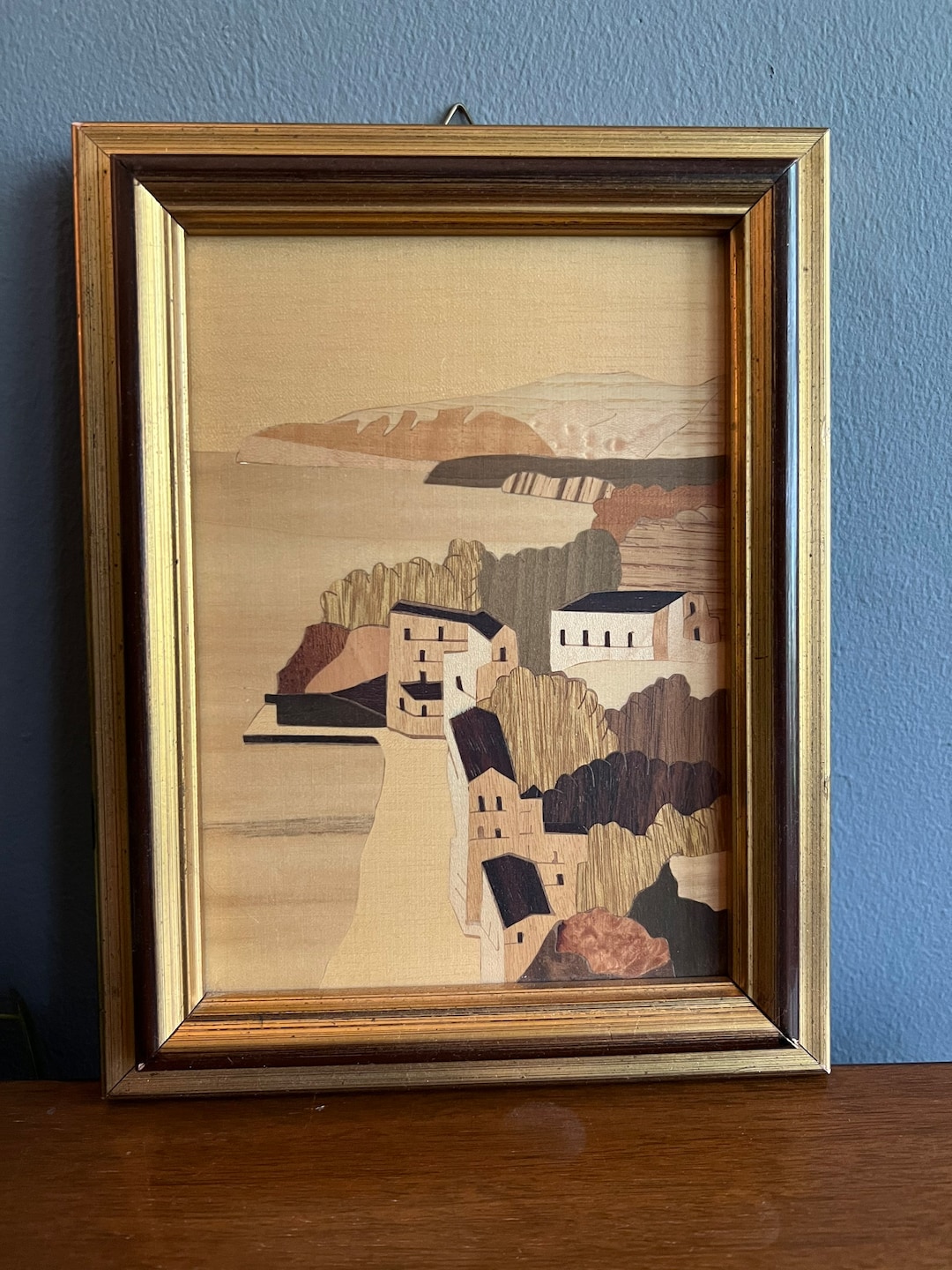 Vintage Inlay Wood Italian Island Beach City Scene, Italian Art Work