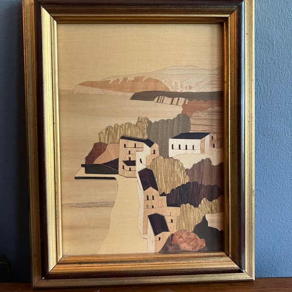 Vintage inlay wood Italian island beach city scene, Italian art work, Intarsia wood inlay picture