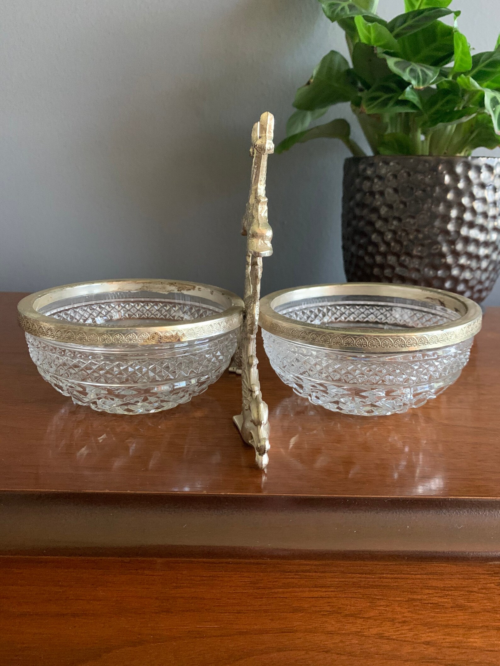 Vintage Cut Glass Double Bowl Serving Piece With Silver Fish Handle