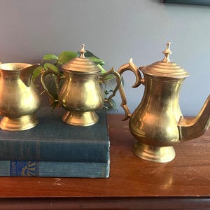 Vintage Brass Tea Pot Set, Cream and Sugar, Tea Service