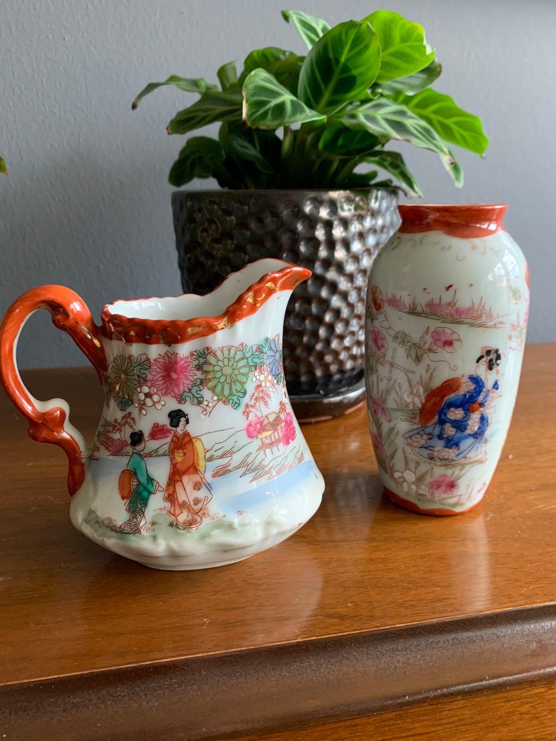 Vintage Pair of Japanese Pottery Vase and Pitcher, Satsuma Style Hand