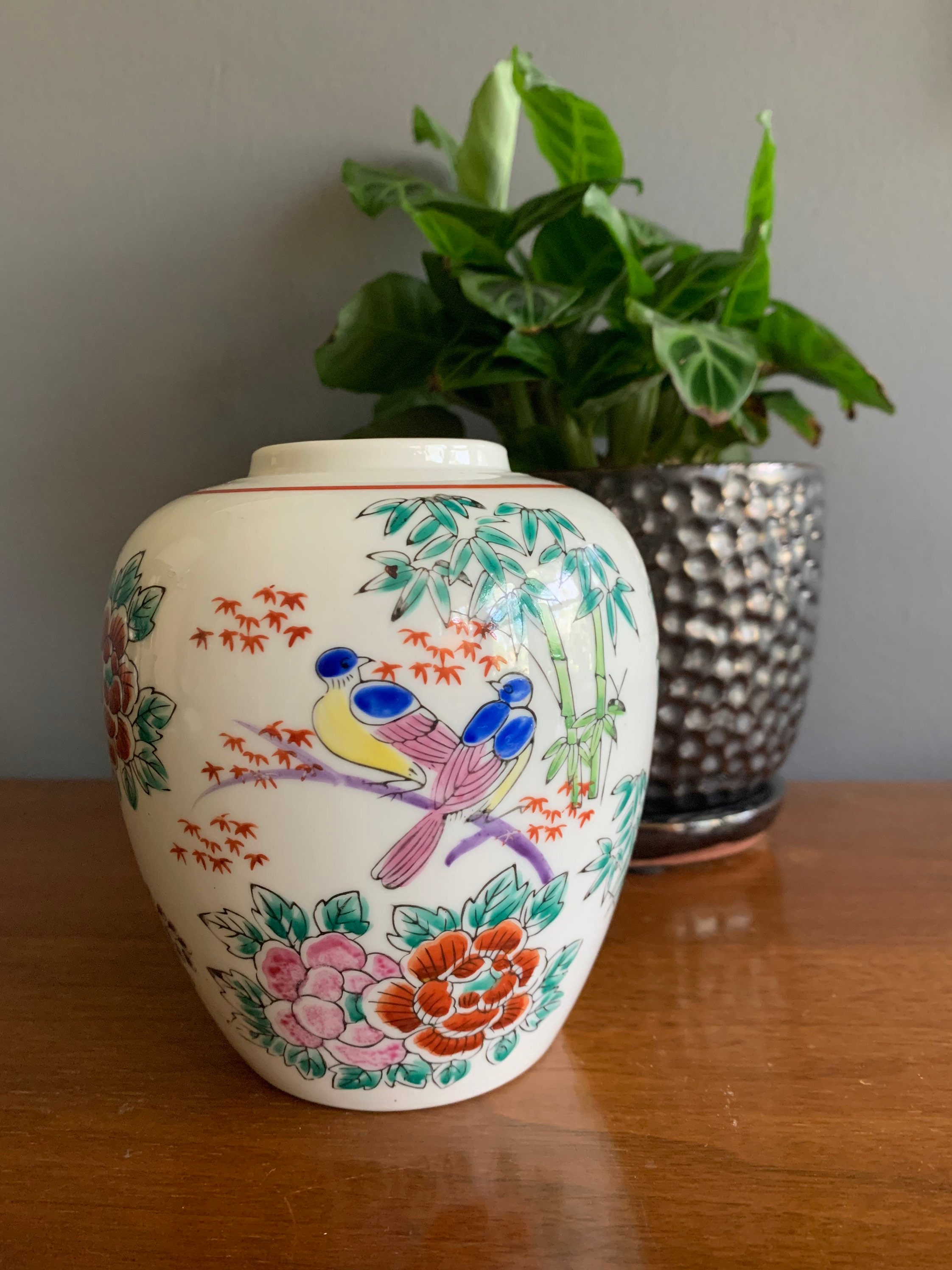Vintage Ginger Jar With Colorful Birds Bamboo Flowers Etsy