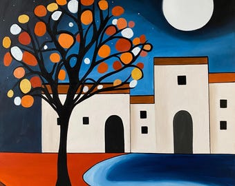 Akrylmålning Naivt Original Landskap 70 × 70 cm "Höst Månsken" Handmålad Duk Färgglad Konst Unik