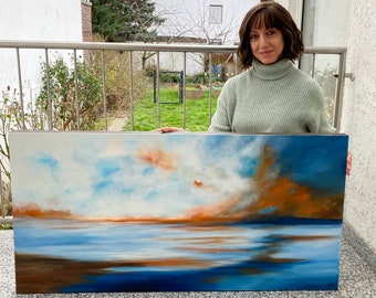 Original Acryl Abstrakt Meereslandschaft Ozean Gemälde "Die Ruhe vor dem Sturm" 120x60x4,5 Zeitgenössisches Bild Handgemalt UNIKAT