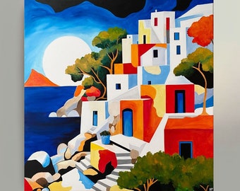 Dipinto acrilico Originale PRONTO DA APPENDERE "Dreaming of Greece" 90x90 cm Dipinto a mano Gemälde Griechenland Isola greca Pezzo unico