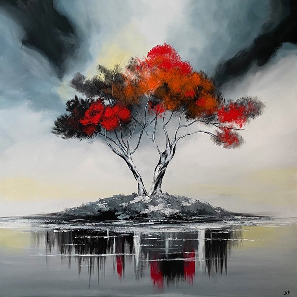 Acrylic painting Abstract Tree Baum Landschaft Abstrakt READY TO HANG "Forsaken" 90x90 cm  Handpainted One of a kind