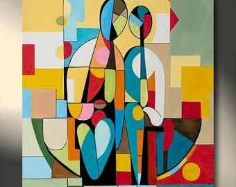 Abstrakt geometrisch Figurativ Gemälde Bild  FERTIG ZUM AUFHÄNGEN „Das Rendezvous“, 80 x 80 x 4,5 cm, Liebespaar, Handgemalt, Einzigartig