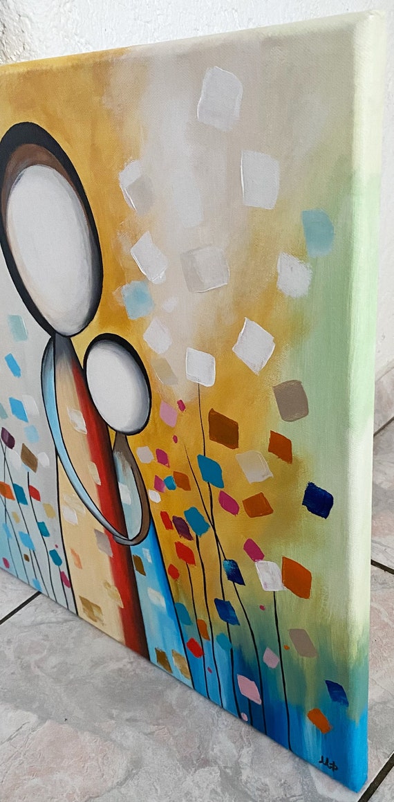 Tableau Abstrait Fait Main - La Femme Avec Nourrisson, Acrylique Multicolore