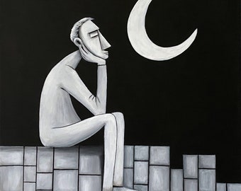 Gemälde Bild Abstrakt Figurativ Mond Mensch Mann "Vermisse dich" 70x70 cm Handgemalt UNIKAT