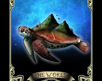 The World XXI tarot card print / sea turtle illustration / tarot deck print