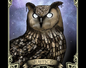 Justitie XI tarotkaart print/uil illustratie/tarot dek print