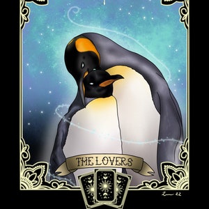 La impresión de cartas de tarot de Los Amantes VI / ilustración de pingüinos / impresión de baraja de tarot