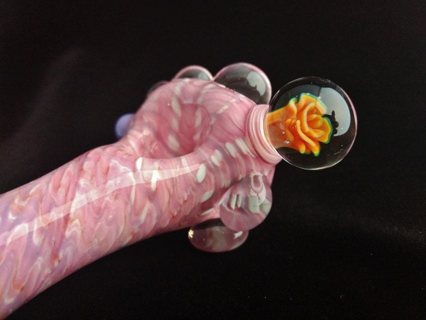 Pink & Purple Glass Pipe Flower Marble Unique Functional Glass Art