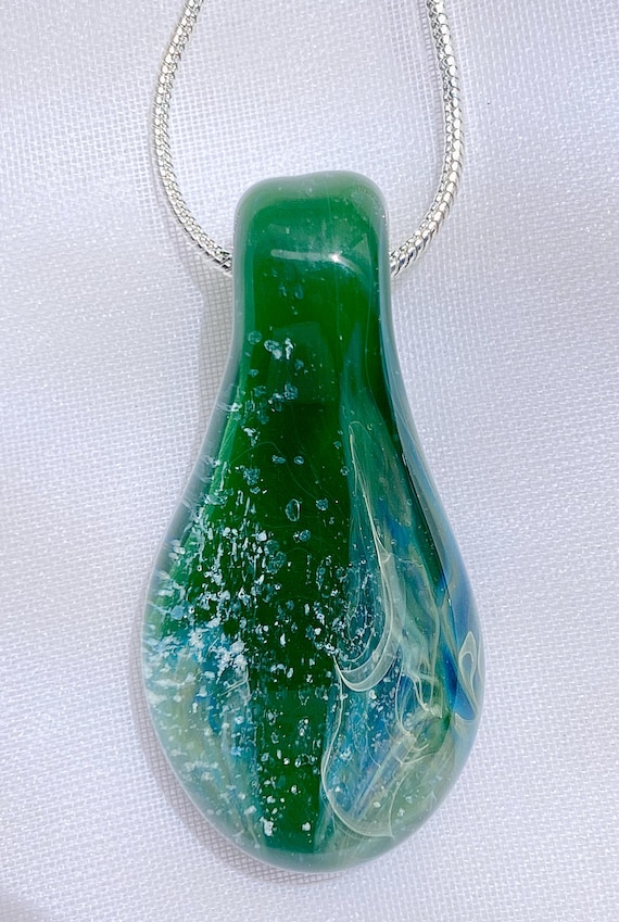 Memorial Pendant | Cremation Jewelry | Green Teardrop |  Pet Memorial Necklace |