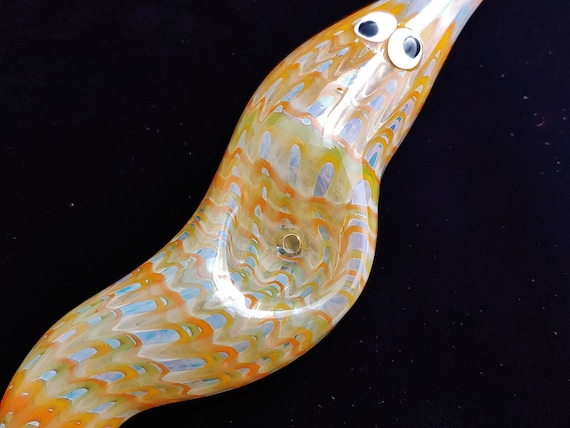 Glass Magic Worm Pipe (Plaid/Striped Version -Orange, Yellow)| Color Changing | Unique Glass Art | Fast & Free Shipping