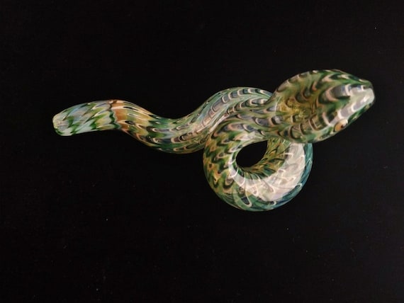 Coiled Glass Snake Pipe | Color Changing | Unique Sculpted Glass Art | Green & Gold Version | Fast Shipping |