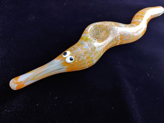 Glass Magic Worm Pipe (Plaid/Striped Version -Orange, Yellow)| Color Changing | Unique Glass Art | Fast & Free Shipping