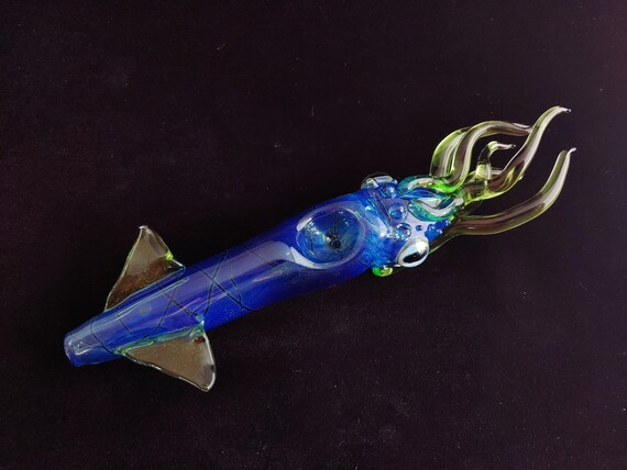 Glass Squid Pipe | UV Glow | Blue Green Version | Functional Glass Art | Fast Shipping