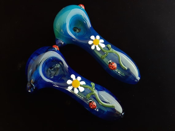 Cobalt Glass Daisy and Ladybug Pipe | Pretty Flower Bowl | Unique Glass Art | Fast & Free Shipping |