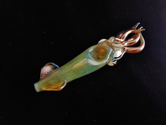 Glass Squid Pipe | Green Version | Color Changing Bowl | Sculpted Functional Glass Art | Fast Shipping