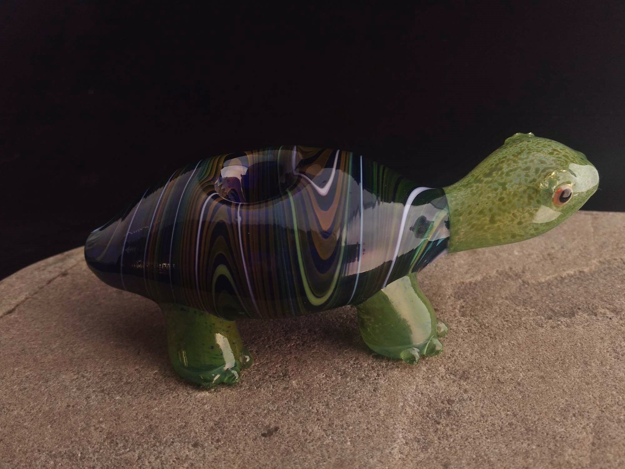 Colorful Glass Turtle Pipe | Fumed Cobalt | UV Glow | Unique Glass Art