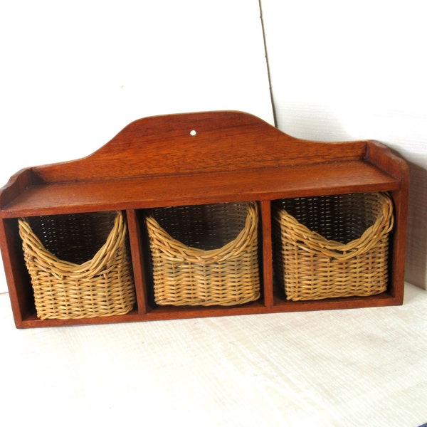 Vintage Small Wooden Shelf Rack with Wicker Baskets Boxes Storage Kitchen
