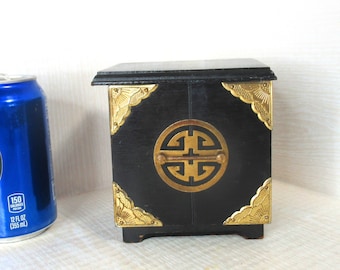 Chinese Black Wooden Box Brass Decor