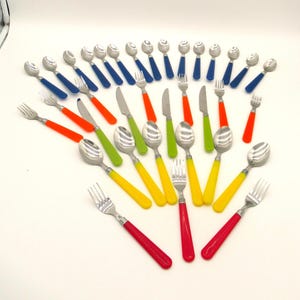 Vintage Multicolor Plastic & Stainless Flatware Set: 35 Piece Place Setting Forks, Spoons, Knives