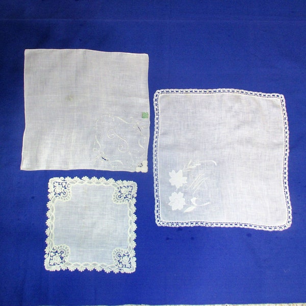 Vintage Whitework Embroidery Handkerchief Set of 3 Linen Handmade